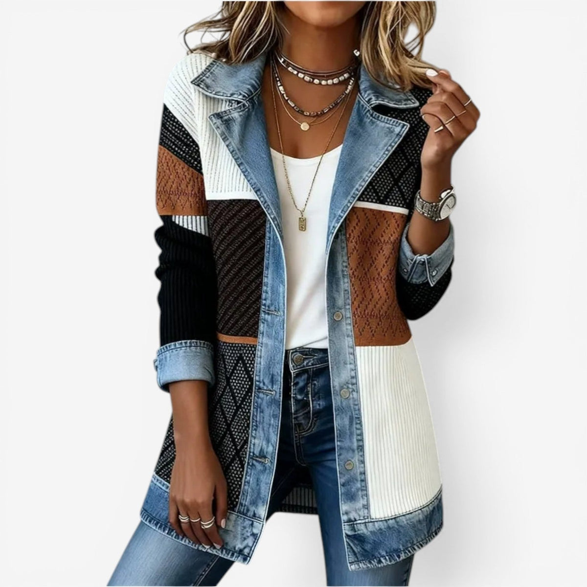 Sabine | Casaco Feminino Malha Canelada com Recortes Jeans