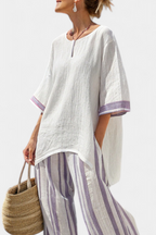 Nora | Conjunto Feminino Blusa Longa e Calça Listrada Perna Larga