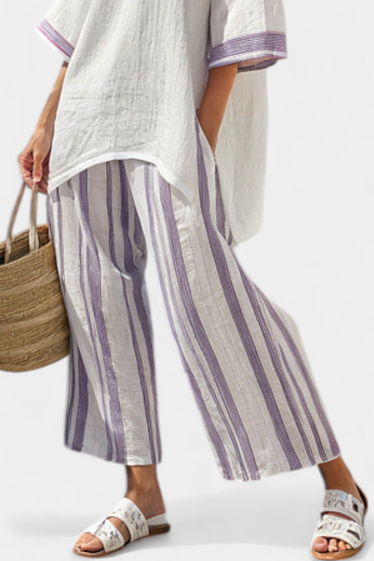 Nora | Conjunto Feminino Blusa Longa e Calça Listrada Perna Larga
