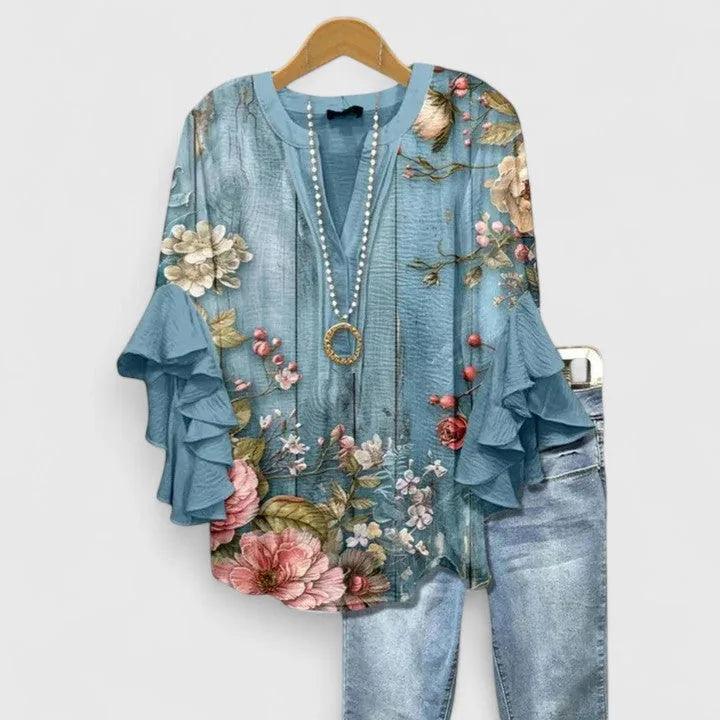 Amara | Blusa Feminina Floral Mangas 3/4 com Babados