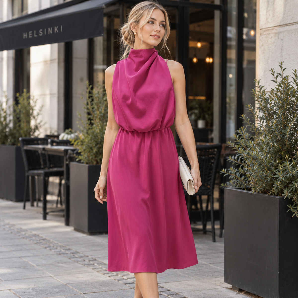 Vestido Midi Feminino Acinturado | Gola Alta Drapeada, Sem Mangas