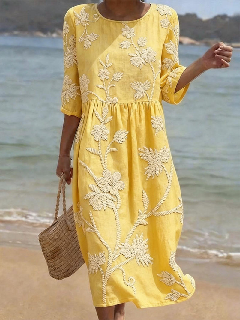 Vianne | Vestido Midi Bordado Floral Linho Algodão Mangas Três Quartos
