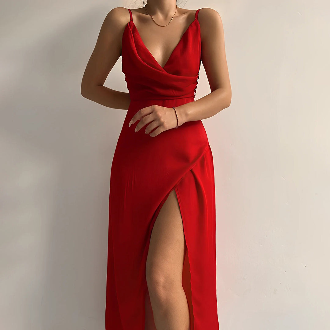Vestido Longo Feminino Decote Cruzado Fenda Lateral