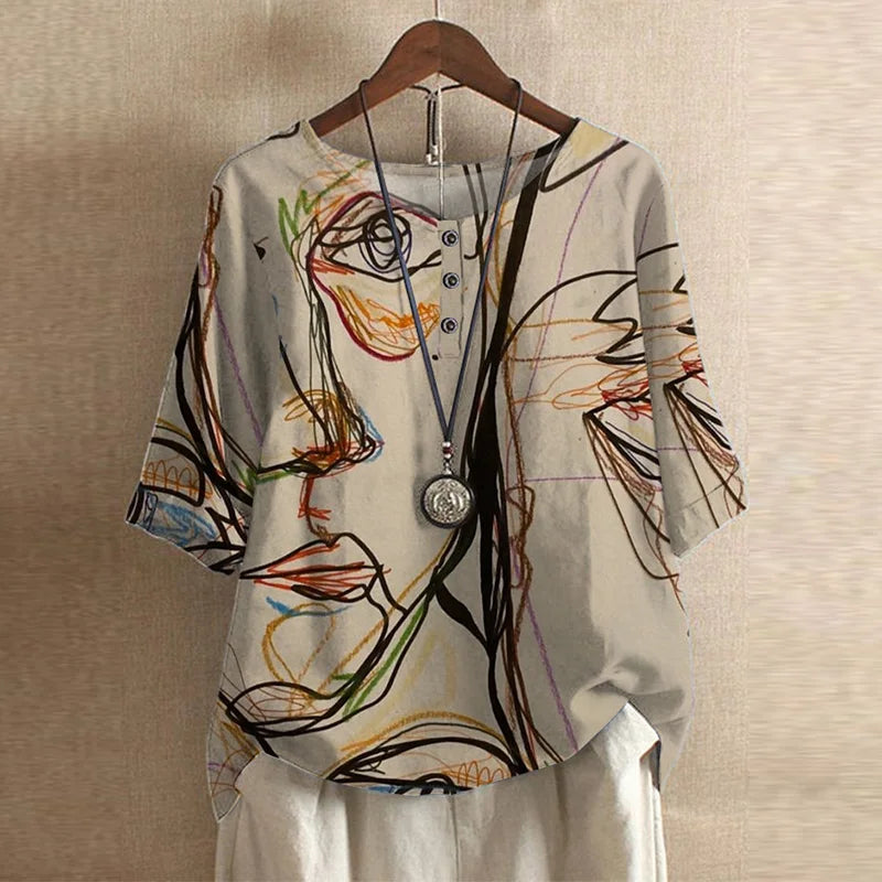 Luna | Blusa Feminina Floral Vintage Gola Redonda Manga Três Quartos
