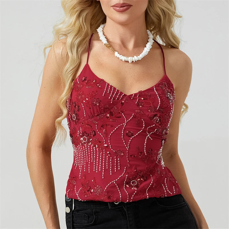 Regata Crop Top Feminina | Lantejoulas Y2K, Halter, Strass