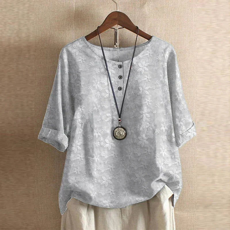 Luna | Blusa Feminina Floral Vintage Gola Redonda Manga Três Quartos