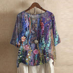 Luna | Blusa Feminina Floral Vintage Gola Redonda Manga Três Quartos