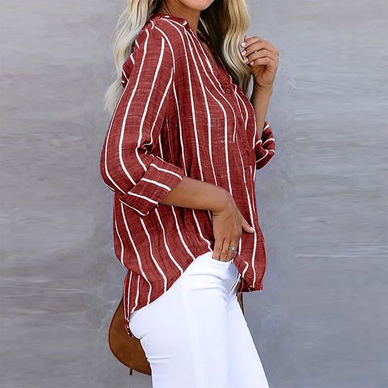 Esma | Camisa Feminina Algodão Listrada Decote V Relaxed Fit