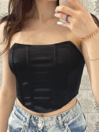 Top Curto Feminino | Sem Mangas, Decote Ombro | Espartilho Sensual