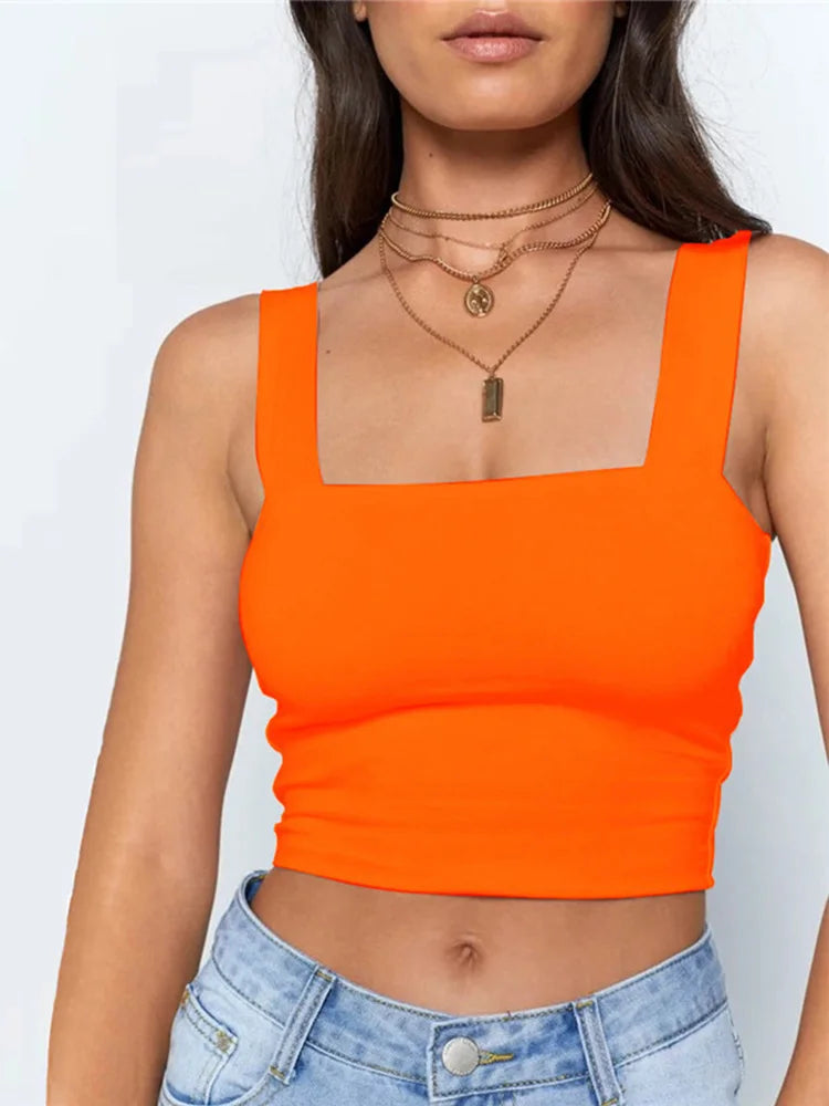 Blusa Cropped Verão | Decote Quadrado, Sem Mangas | Feminino Casual