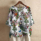 Luna | Blusa Feminina Floral Vintage Gola Redonda Manga Três Quartos