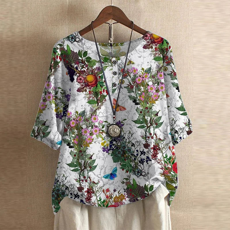 Luna | Blusa Feminina Floral Vintage Gola Redonda Manga Três Quartos