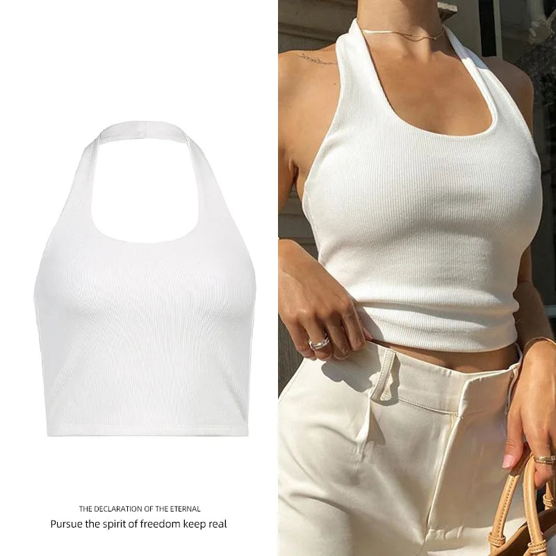 Blusa Cropped Canelada | Gola Halter sem Mangas | Y2K