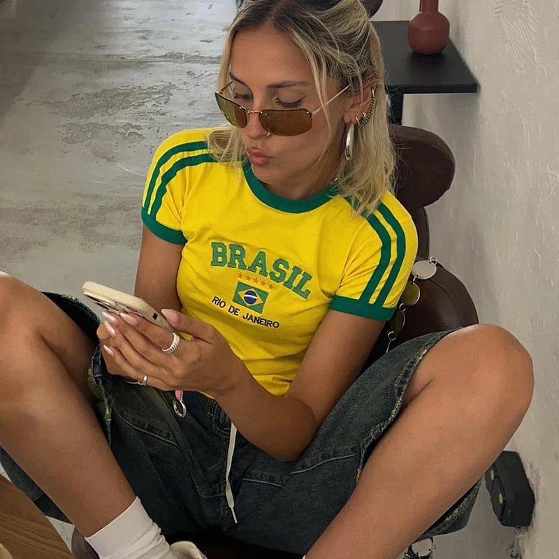 Odette | Mulher Cropped Shirt Brazil Print Slim Fit