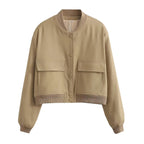 Jaqueta Bomber Feminina | Decote em V, Mangas Longas | Bolsos Práticos
