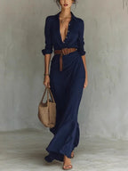 Aria | Vestido Maxi Wrap Manga Longa Decote V Feminino