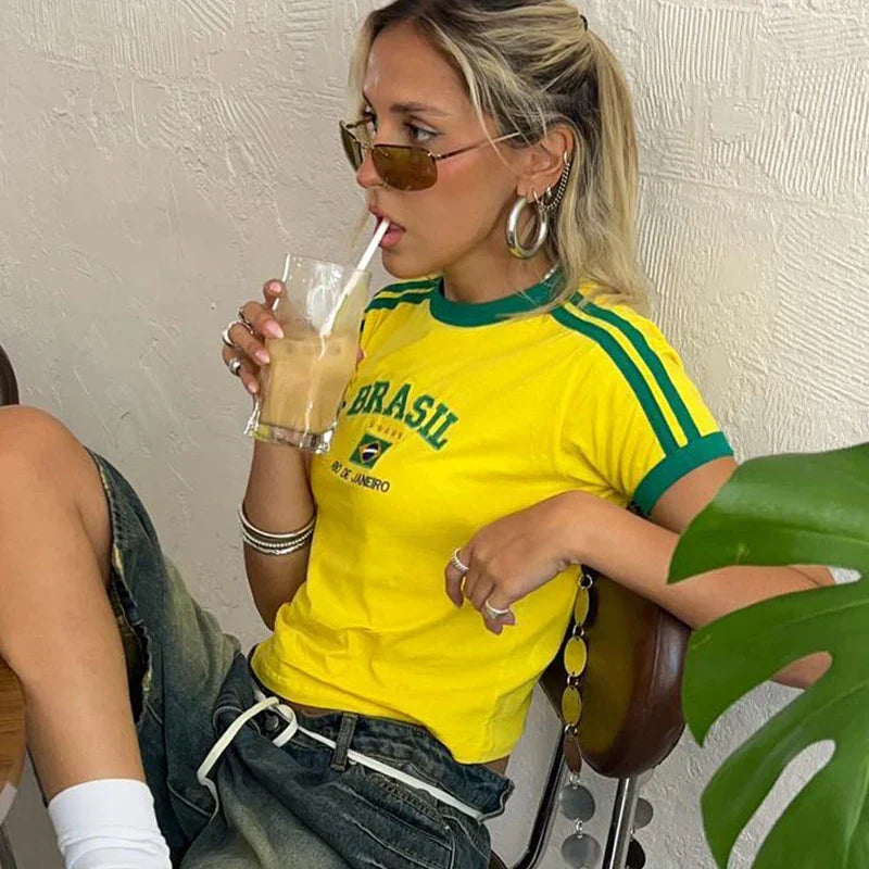 Odette | Mulher Cropped Shirt Brazil Print Slim Fit