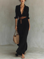 Aria | Vestido Maxi Wrap Manga Longa Decote V Feminino