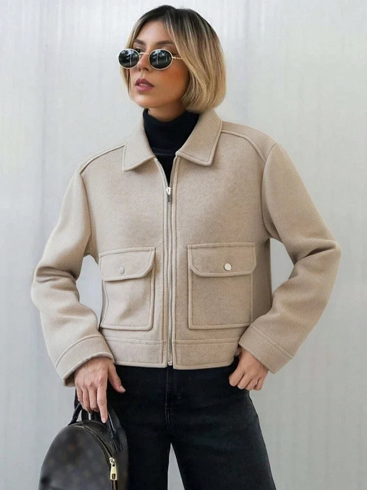 Jaqueta Feminina | Inverno Quente | Zíper, Bolsos, Mangas Longas