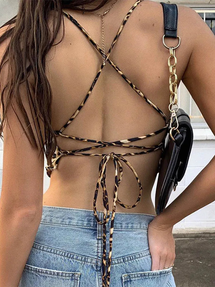 Top Cropped com Padrão Leopardo | Mulher, Sem Mangas, Costas Abertas