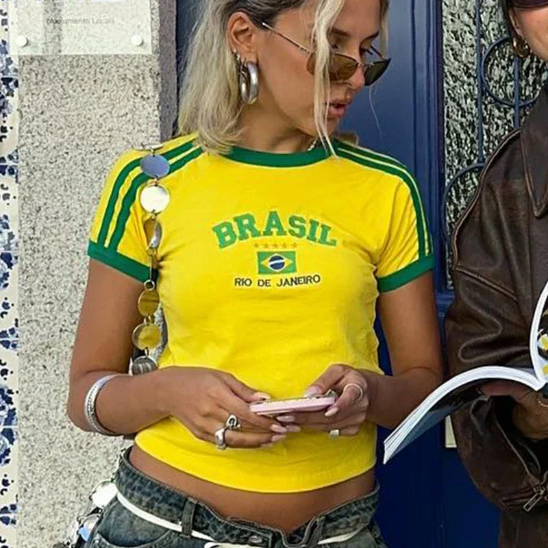 Odette | Mulher Cropped Shirt Brazil Print Slim Fit