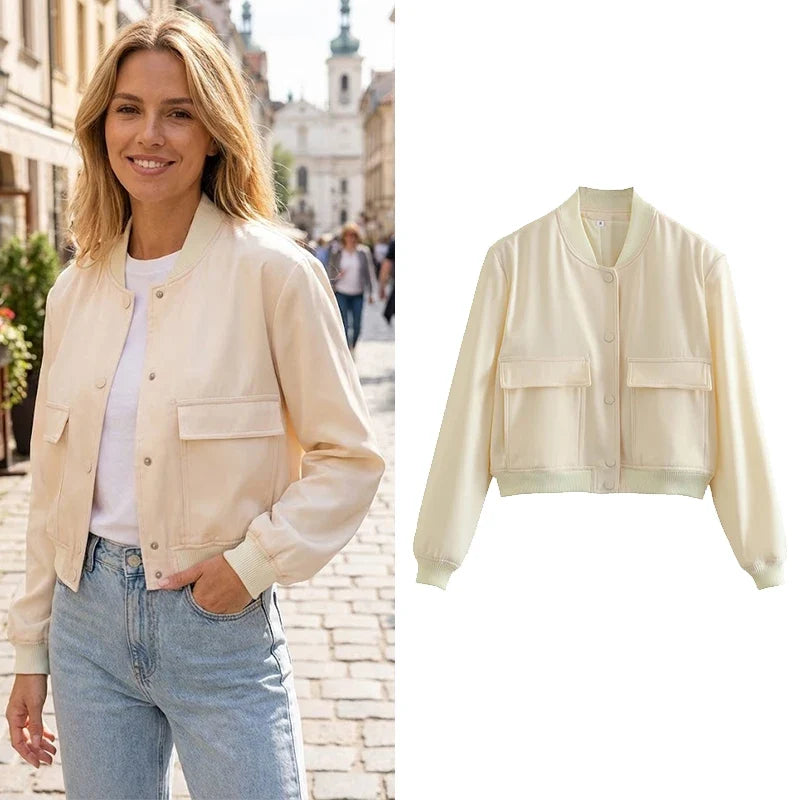 Jaqueta Bomber Feminina | Decote em V, Mangas Longas | Bolsos Práticos