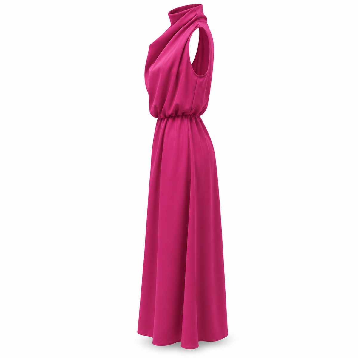 Vestido Midi Feminino Acinturado | Gola Alta Drapeada, Sem Mangas
