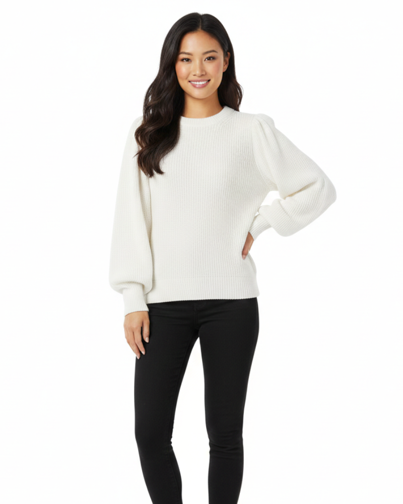 Freya | Mulher Camisola Malha Canelada Mangas Bufantes Gola Redonda