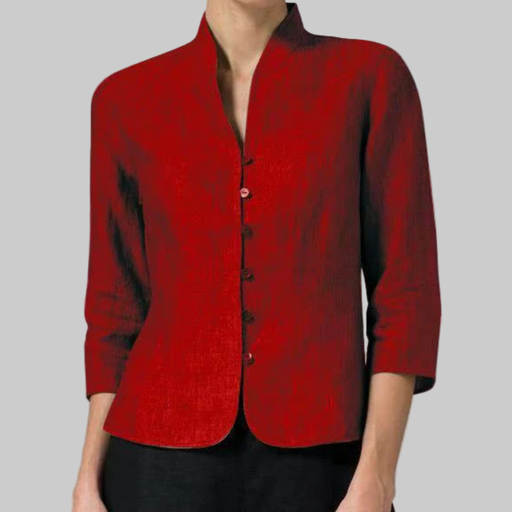 Blusa Feminina Gola Alta | Manga Três Quartos, Botões | Bexcellent