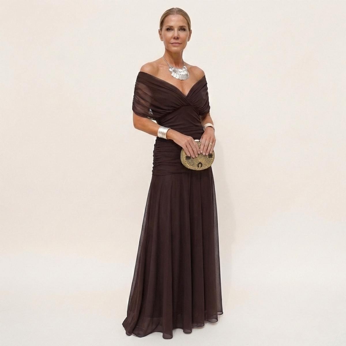 Vestido Comprido Mulher | Decote em V, Cintura Definida | Fluido