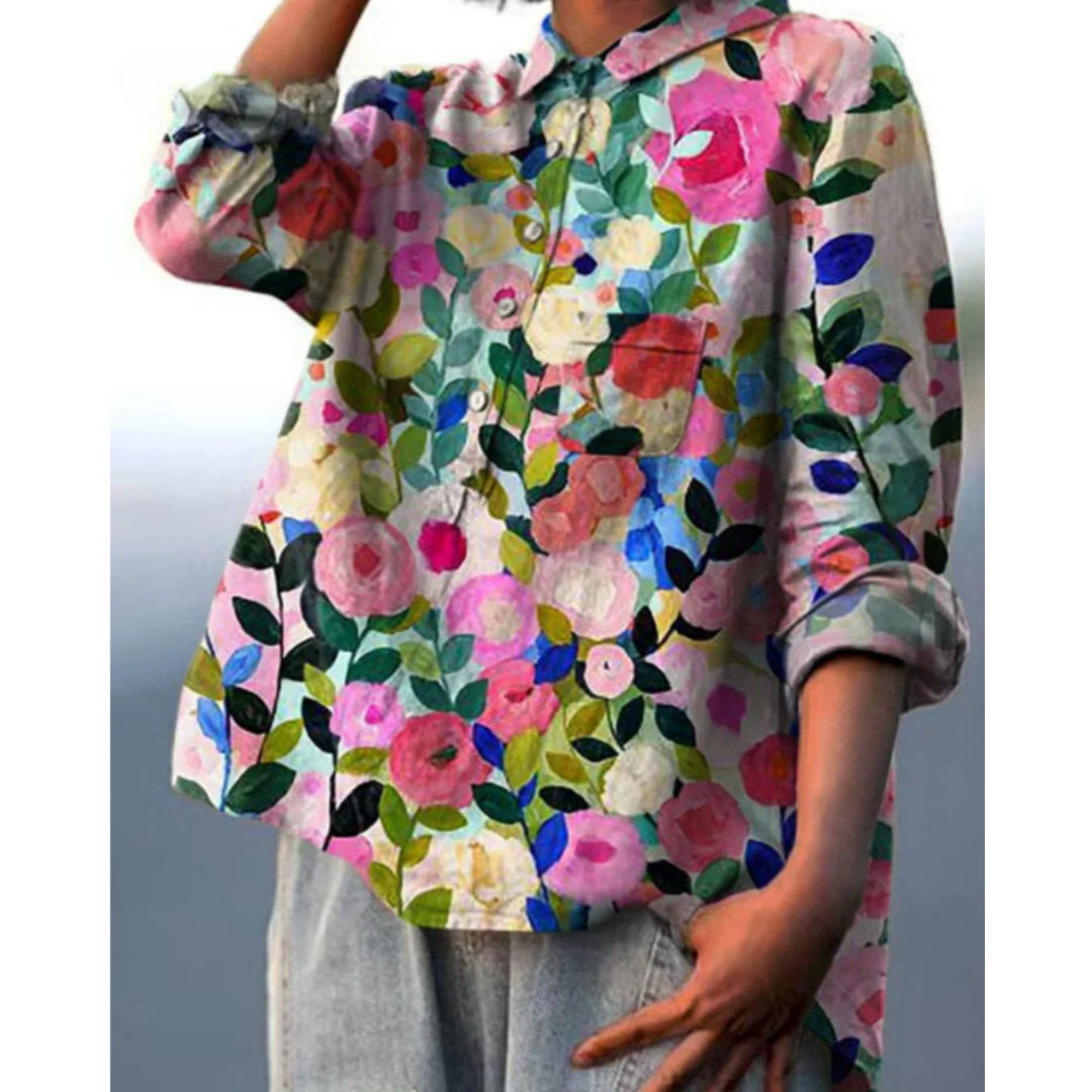 Blusa Feminina Floral Manga Longa Decote V