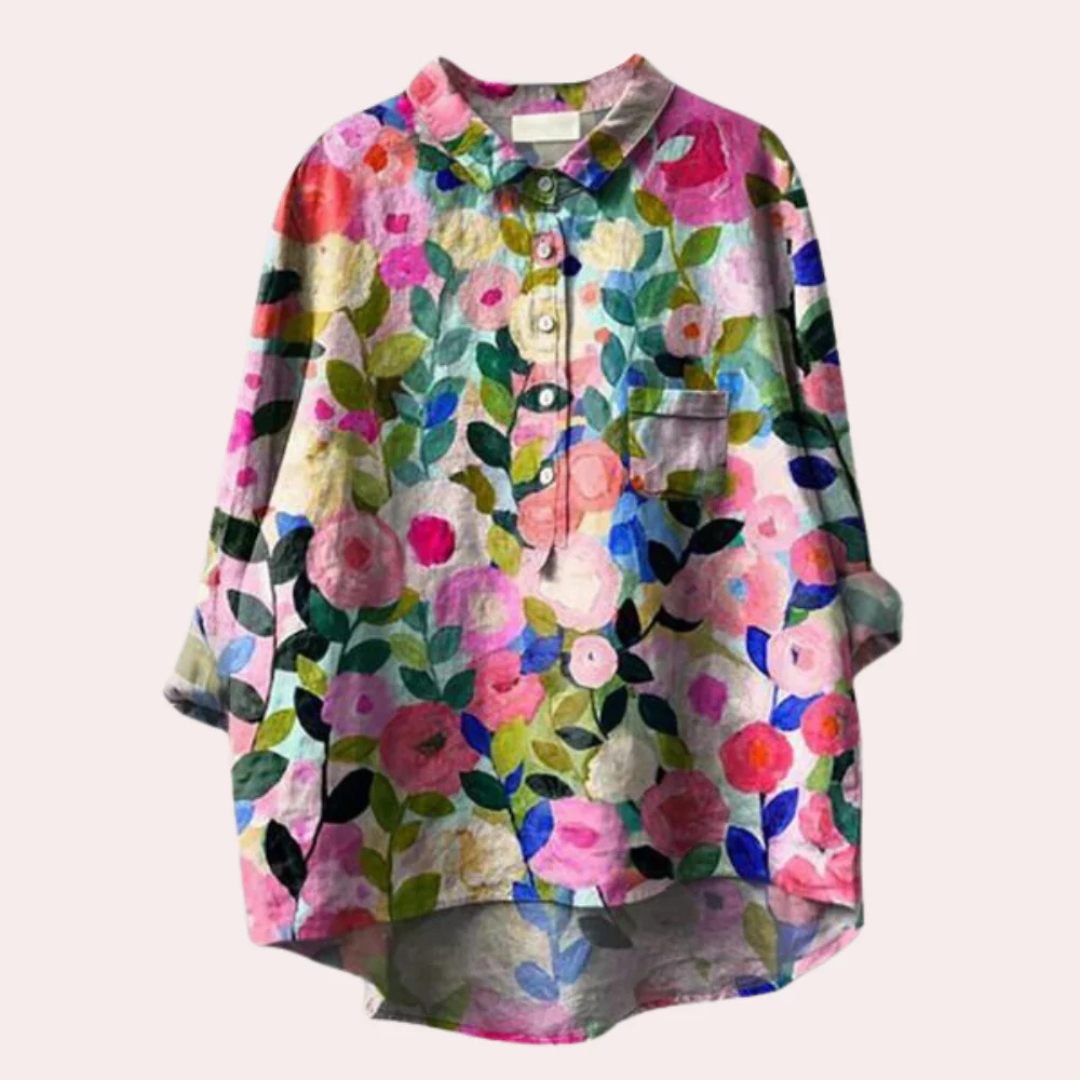 Blusa Feminina Floral Manga Longa Decote V