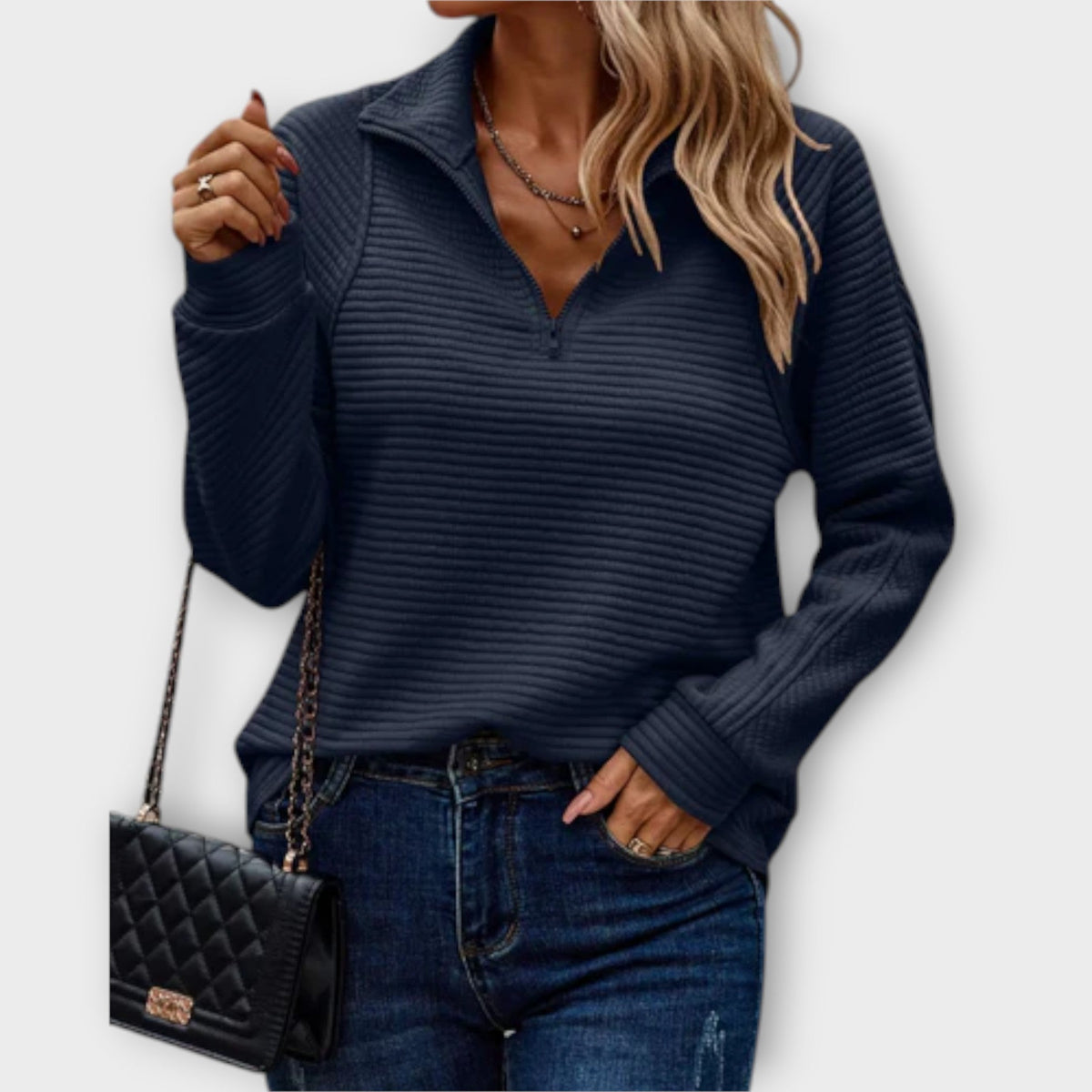 Dione | Camisola Canelada Feminina Quarter-Zip com Gola