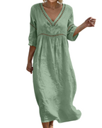 Vestido Longo Mulher | Algodão Linho, Decote V, Mangas 3/4 Bohemio