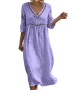 Vestido Longo Mulher | Algodão Linho, Decote V, Mangas 3/4 Bohemio