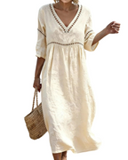 Vestido Longo Mulher | Algodão Linho, Decote V, Mangas 3/4 Bohemio