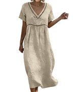 Vestido Longo Mulher | Algodão Linho, Decote V, Mangas 3/4 Bohemio