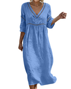 Vestido Longo Mulher | Algodão Linho, Decote V, Mangas 3/4 Bohemio