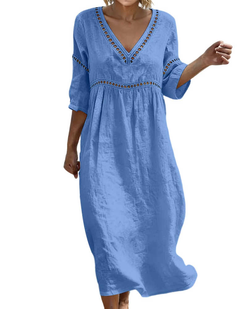 Vestido Longo Mulher | Algodão Linho, Decote V, Mangas 3/4 Bohemio