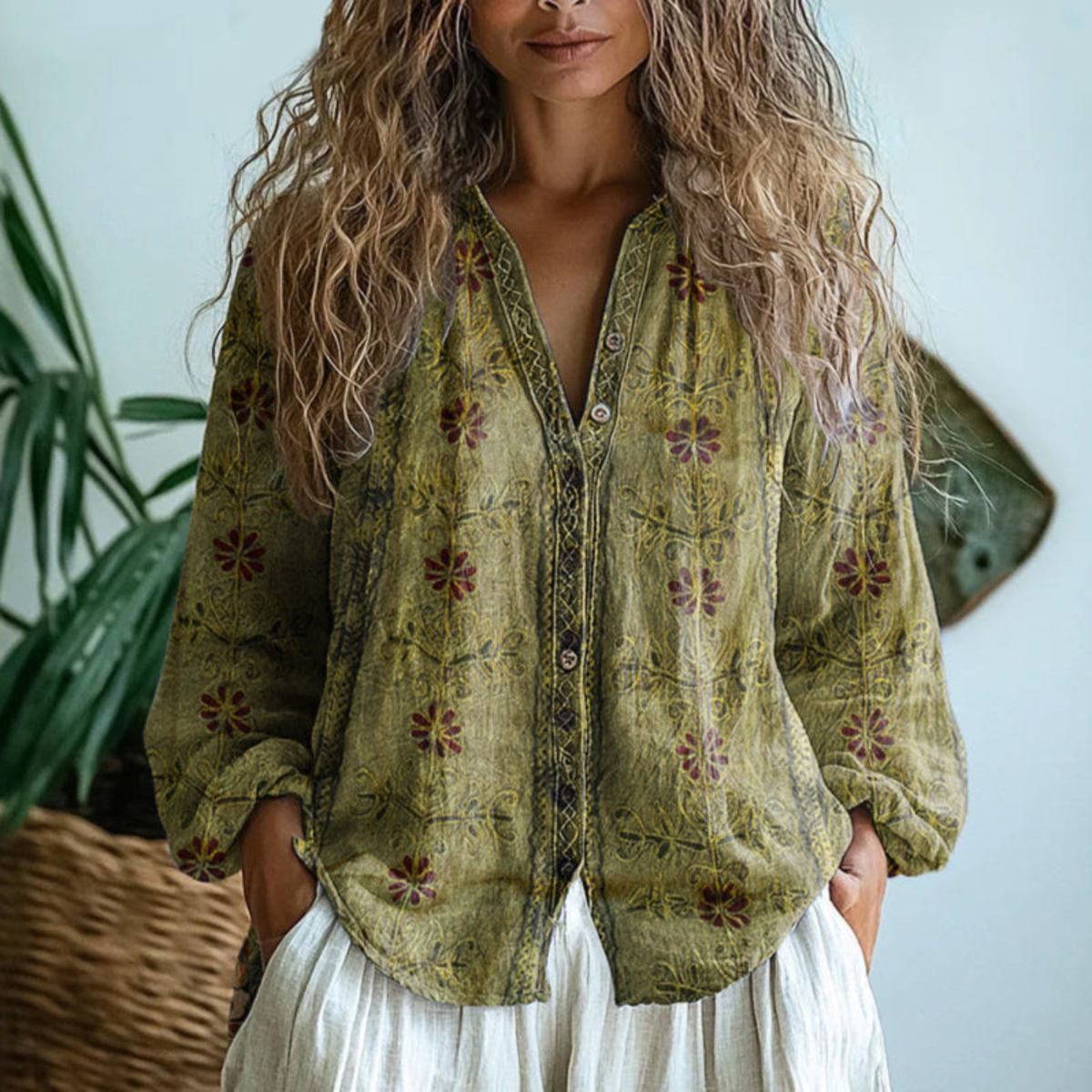 Selene | Blusa Feminina Linho Manga Longa Botões