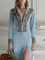 Tindra | Mulher Vestido Maxi Manga Longa com Franjas