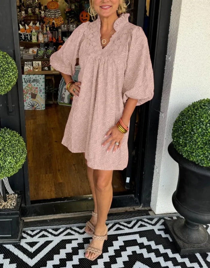 Vestido Feminino de Cetim Mangas Balão Decote V