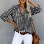 Esma | Camisa Feminina Algodão Listrada Decote V Relaxed Fit