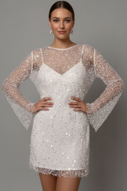 Vianne | Vestido Mini Feminino Malha Sobreposição Mangas Compridas