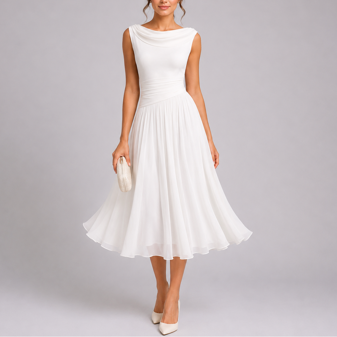 Quinn | Vestido Midi Plissado Feminino com Decote Drapeado