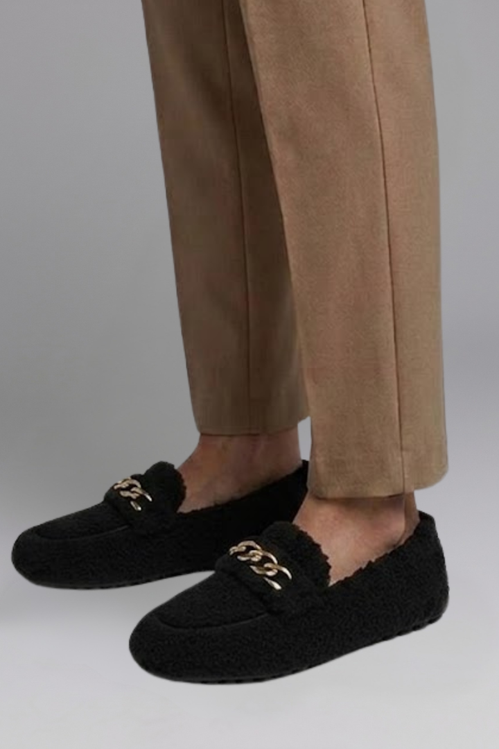 Cora | Mocassins Femininos Forro Polar Slip On Corrente