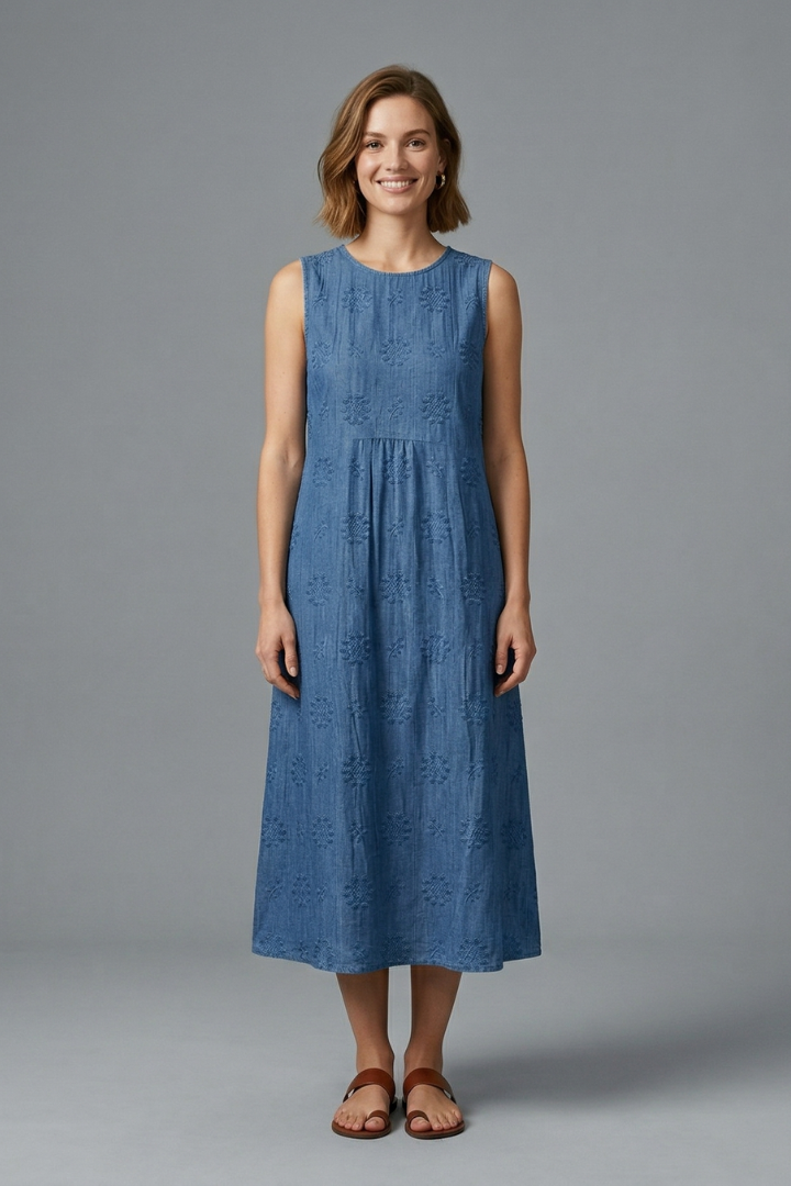 Vestido midi feminino gola redonda sem mangas com superfície texturizada e bolsos laterais