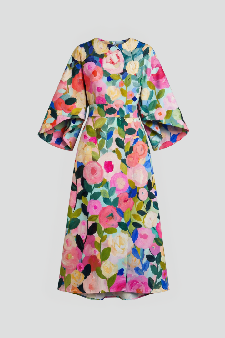 Vestido midi feminino gola redonda mangas largas com padrão abstrato