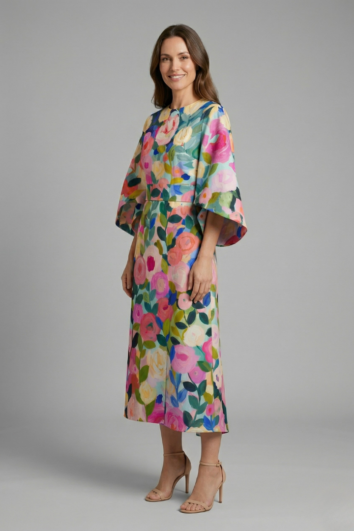 Vestido midi feminino gola redonda mangas largas com padrão abstrato