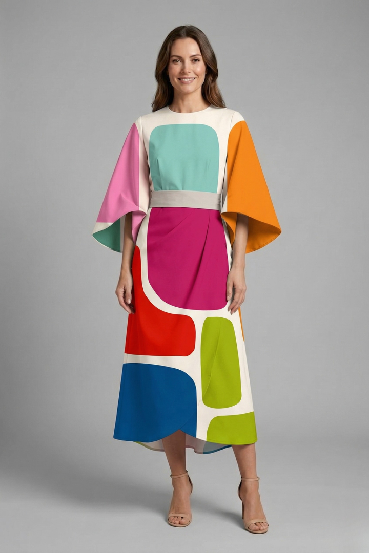 Vestido midi feminino gola redonda mangas largas com padrão abstrato